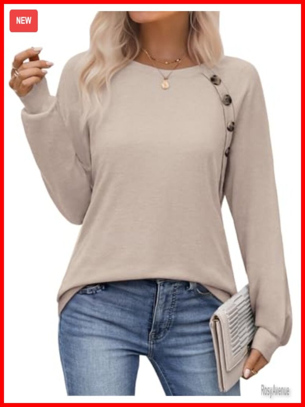 Long Sleeve Tunic Top Round Neck Button Detail Split Hem Work Blouse